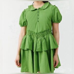 Green Gingham Dress with Peplum